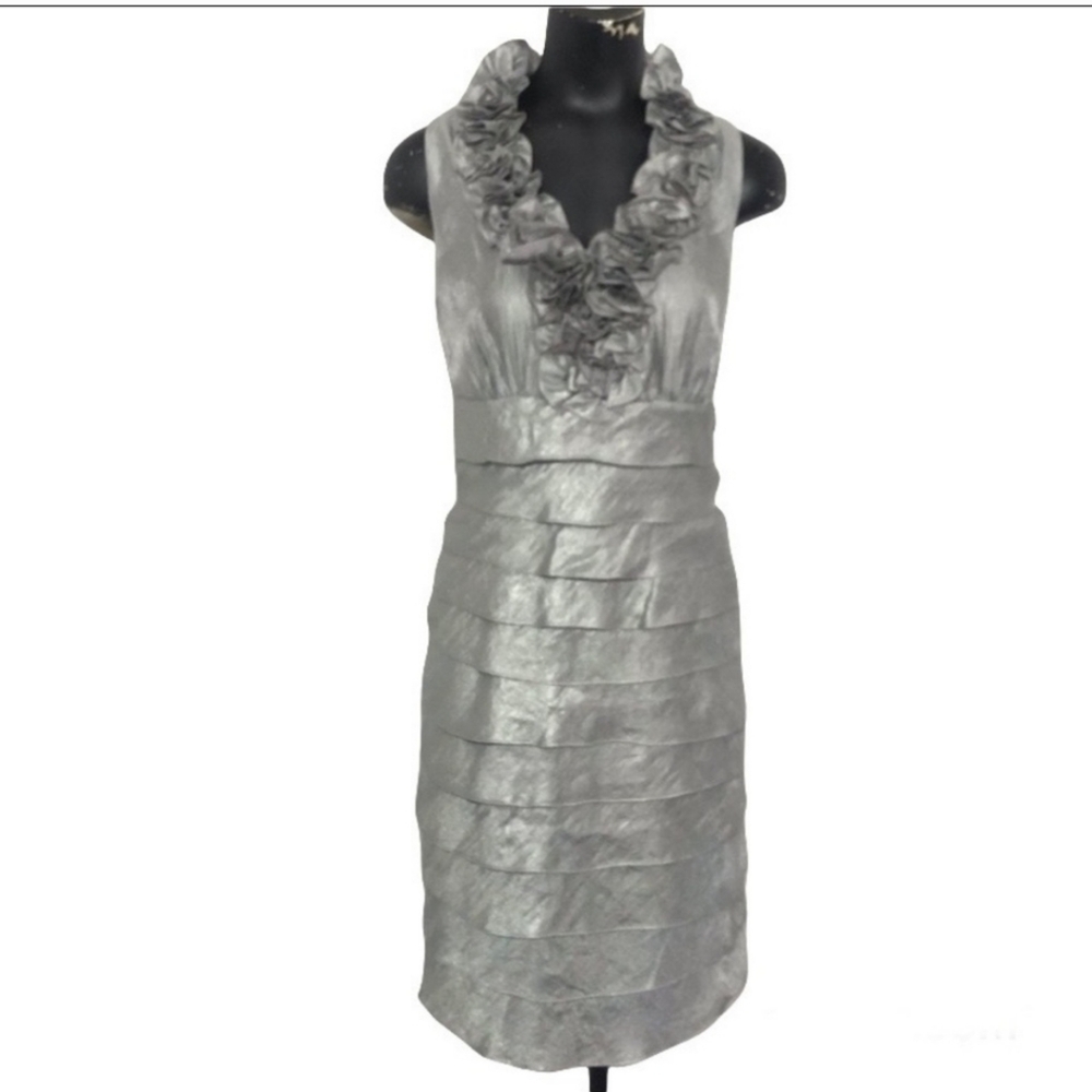 London Times Tiered Crepe Sheath Dress Ruffle Neck in Metallic Silver